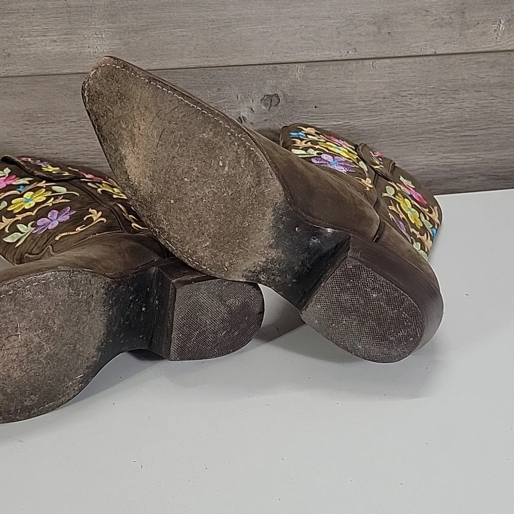 Girls El General Brown Leather Cowboy Boots with Floral Embroidery Sz 6